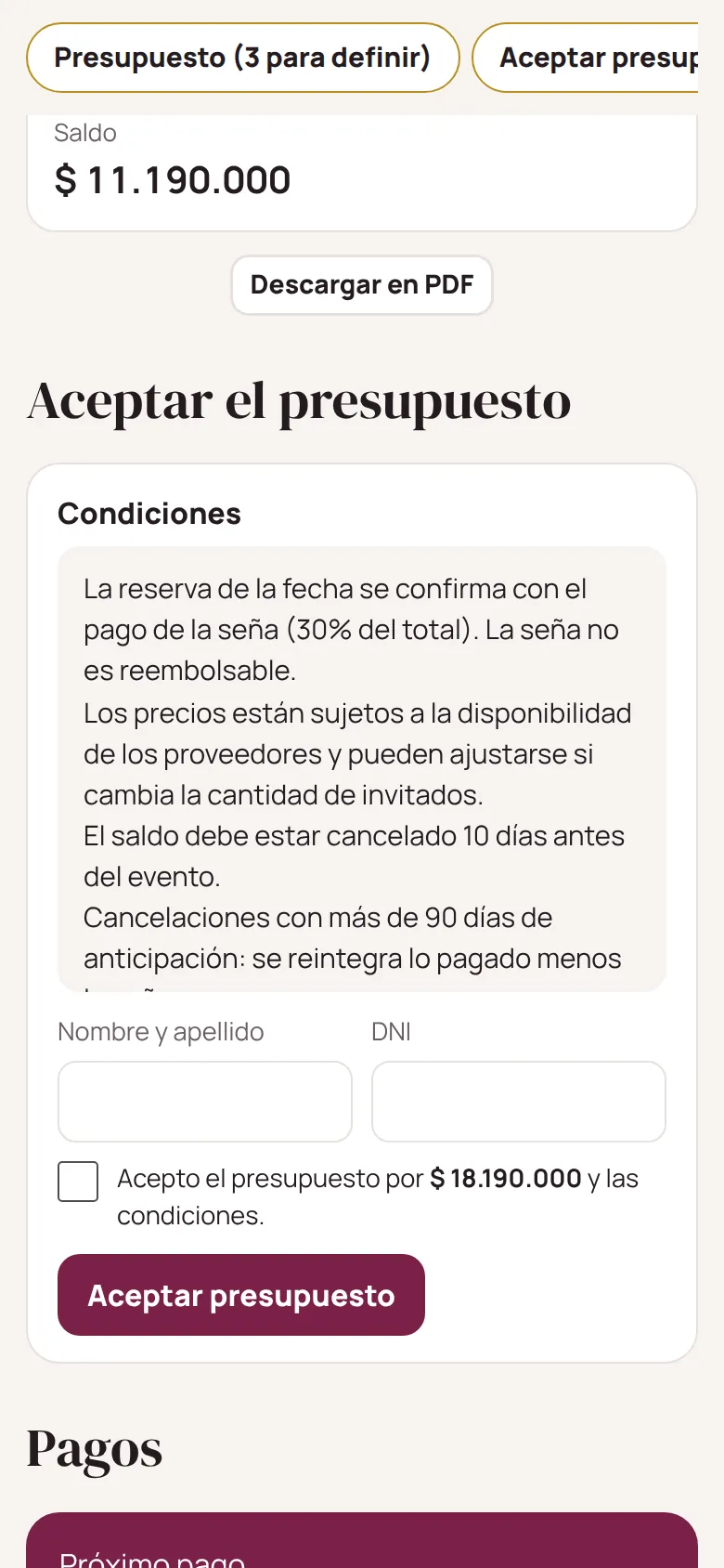 Aceptación online del presupuesto