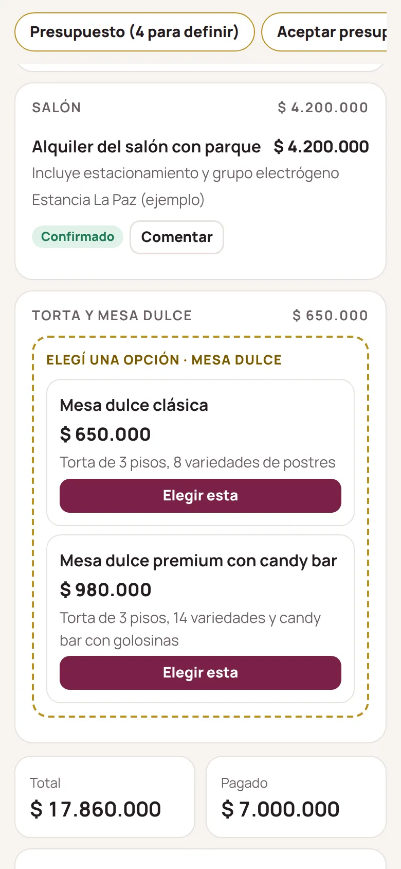 Opciones de mesa dulce para elegir