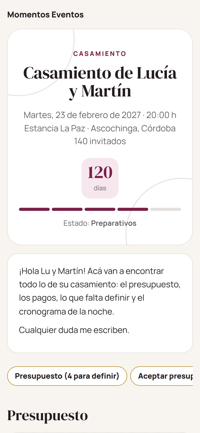 Link del cliente con la cuenta regresiva y el estado del casamiento