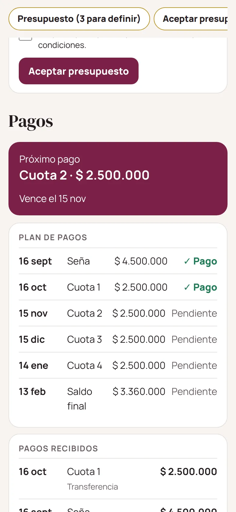 Próximo pago y plan de cuotas