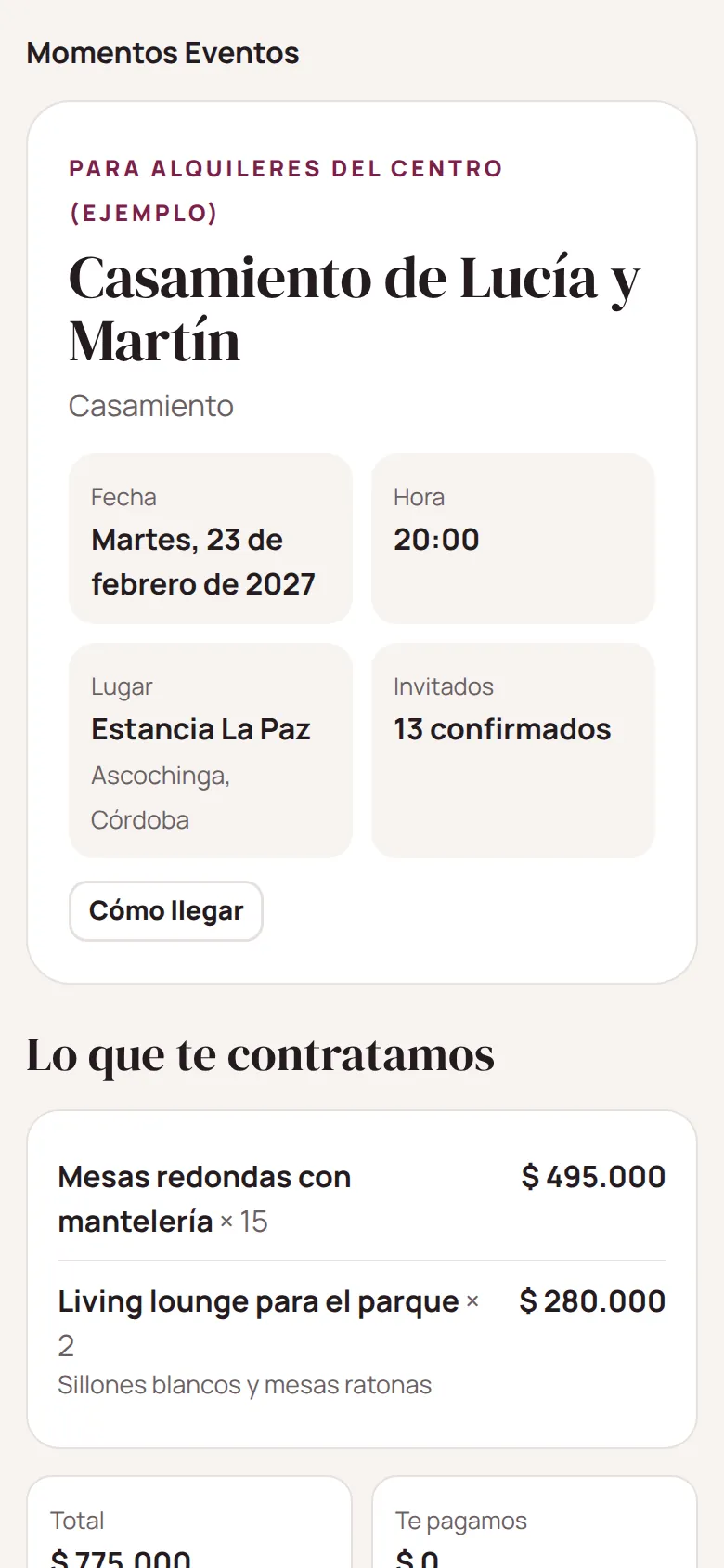 Link del proveedor con fecha, lugar y lo contratado